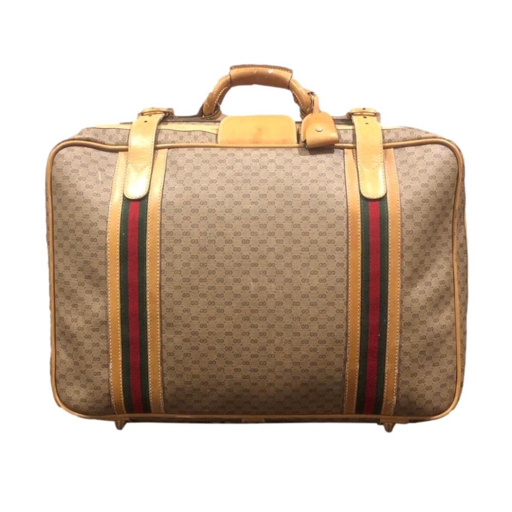 GUCCI GG Leather Coated Canvas Carry-On Travel Bag Sherry Line Stripes Suitcase